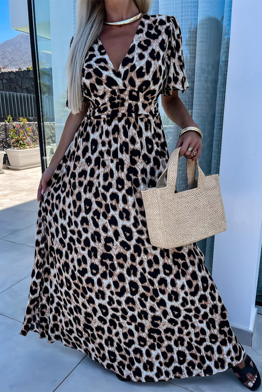 Leopard V Neck Cinched High Waist Open Back Maxi Dress