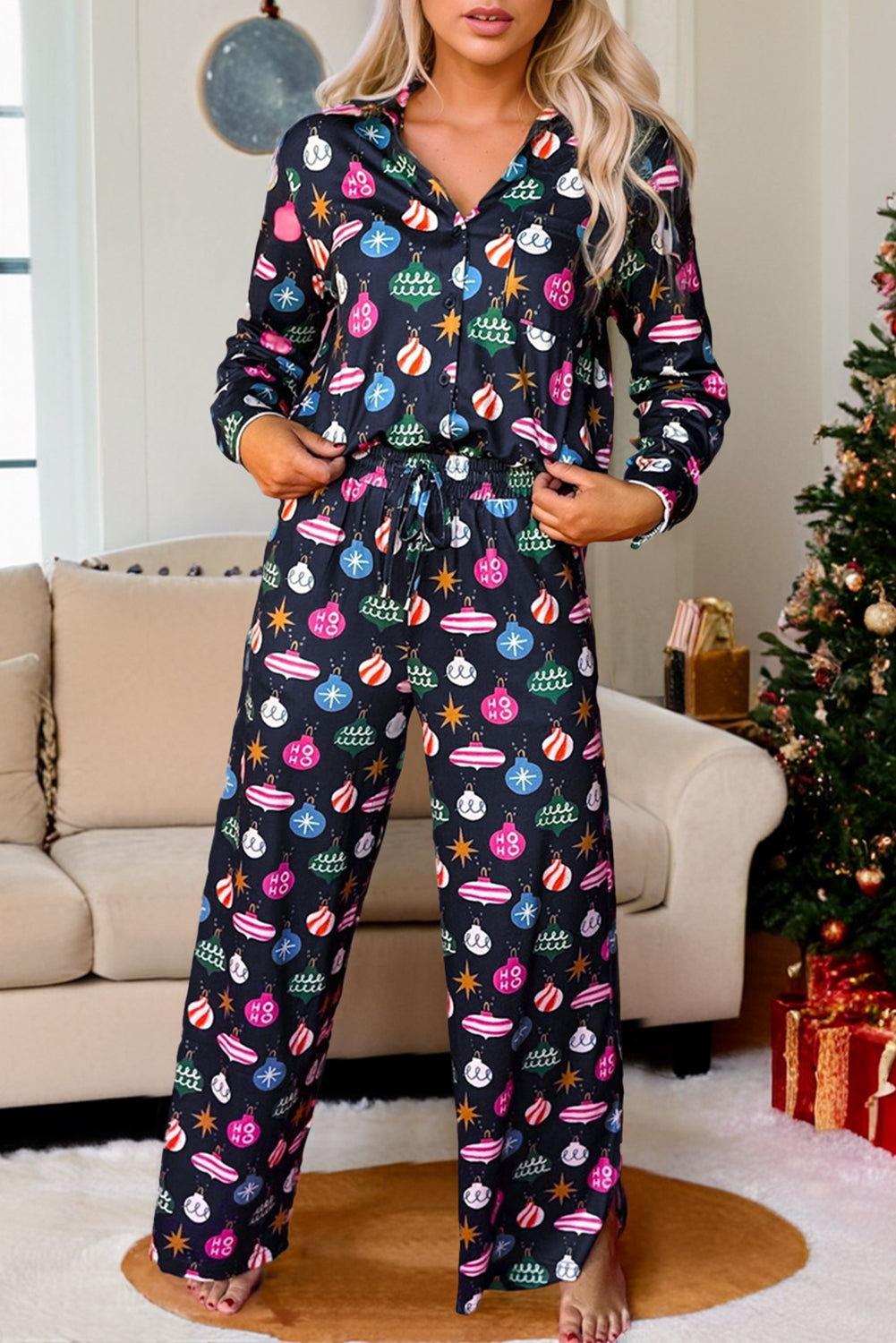 Colorful Christmas Lights Print Shirt and Pants Pajama Set