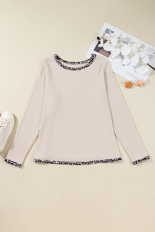 Ribbed Contrast Leopard Edge Round Neck Plus Knit Top