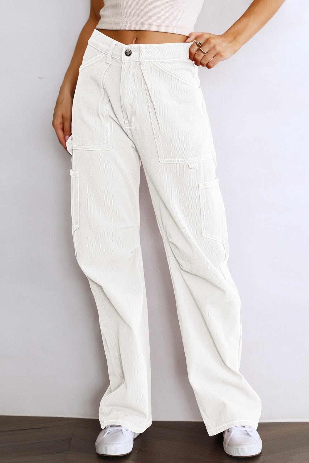 High Waist Straight Leg Cargo Pants with Pockets