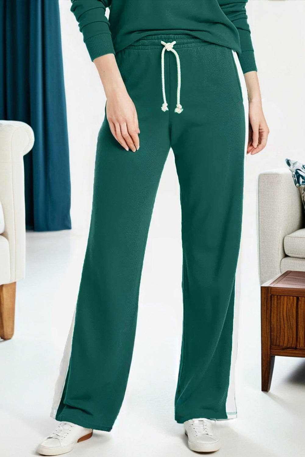 Solid Color Pullover Top Varsity Stripe Detail Loose Drawstring Pants Set