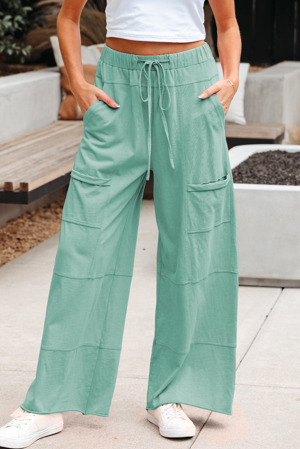 Mineral Wash Exposed Seam Drawstring High Waist Wide Leg Cargo Pants