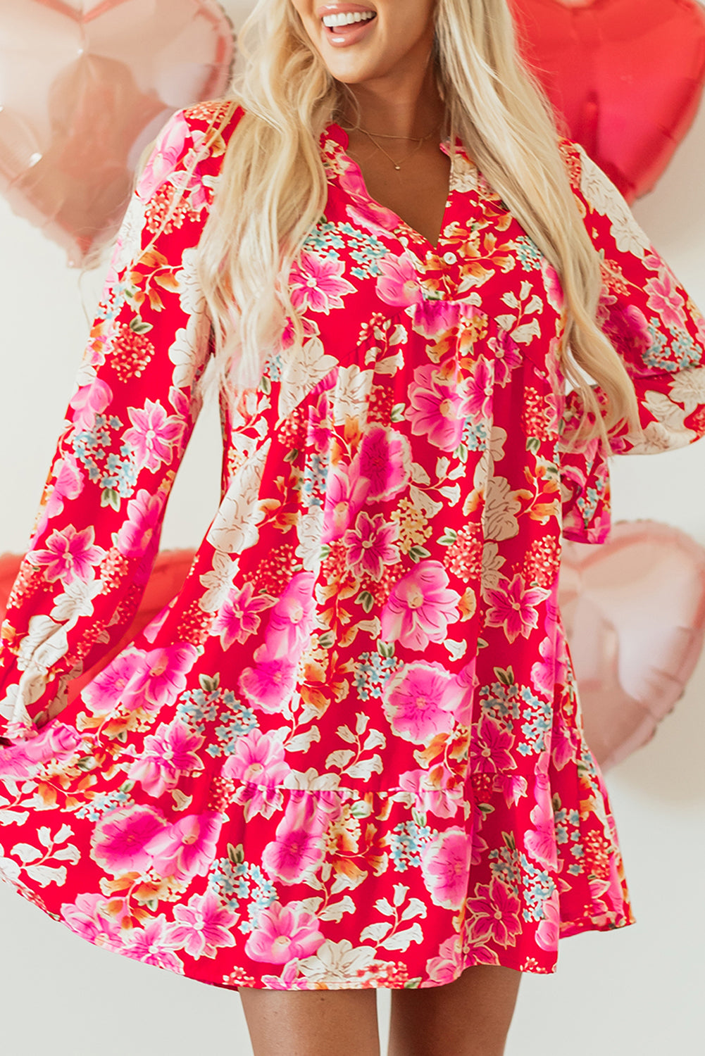 Floral Print High Waist V Neck Babydoll Mini Dress