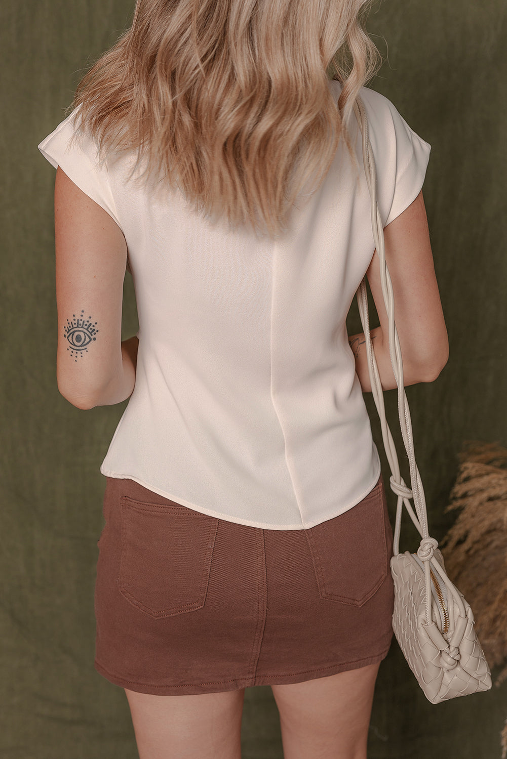 Surplice V Neck Knotted Ruched Short Sleeve Peplum Blouse