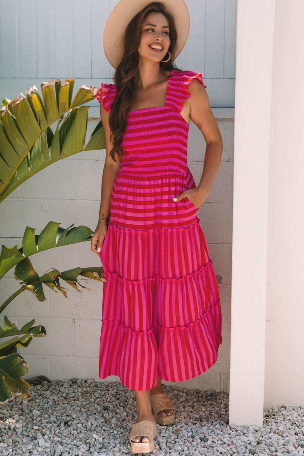 Stripe Flutter Sleeve Smocked Bodice Tiered Maxi Dress