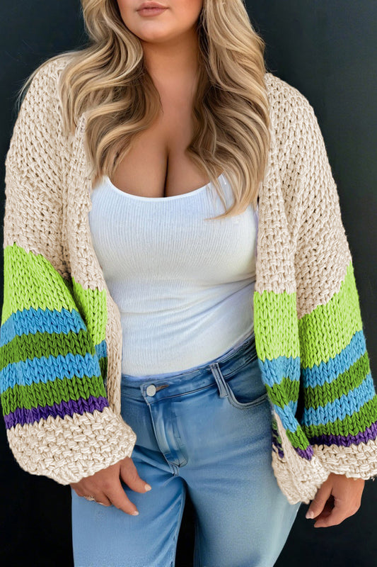 Color Block Crochet Open Front Plus Size Cardigan