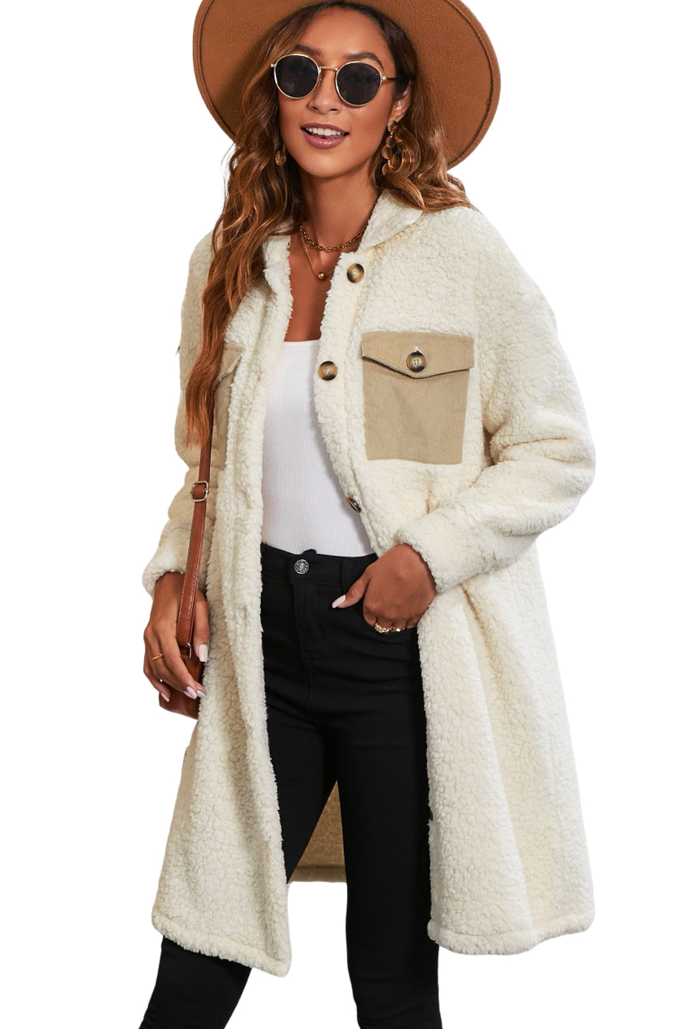 Contrast Flap Pocket Single Breasted Teddy Coat