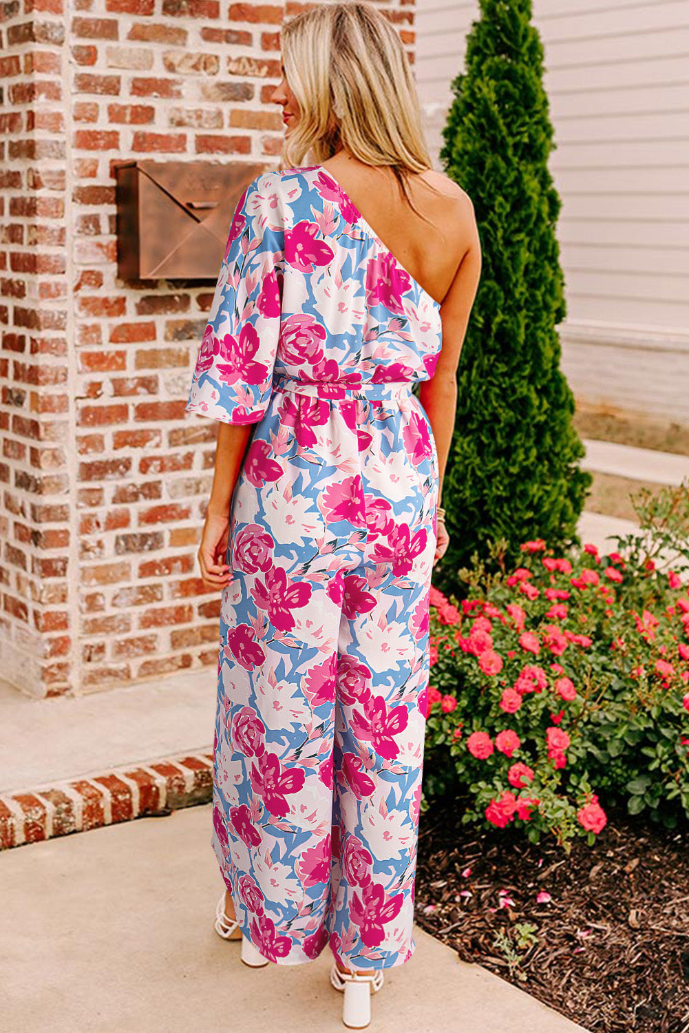 Floral Print Asymmetrical Neckline Single Shoulder Drape Sleeve Belted Jumpsuit