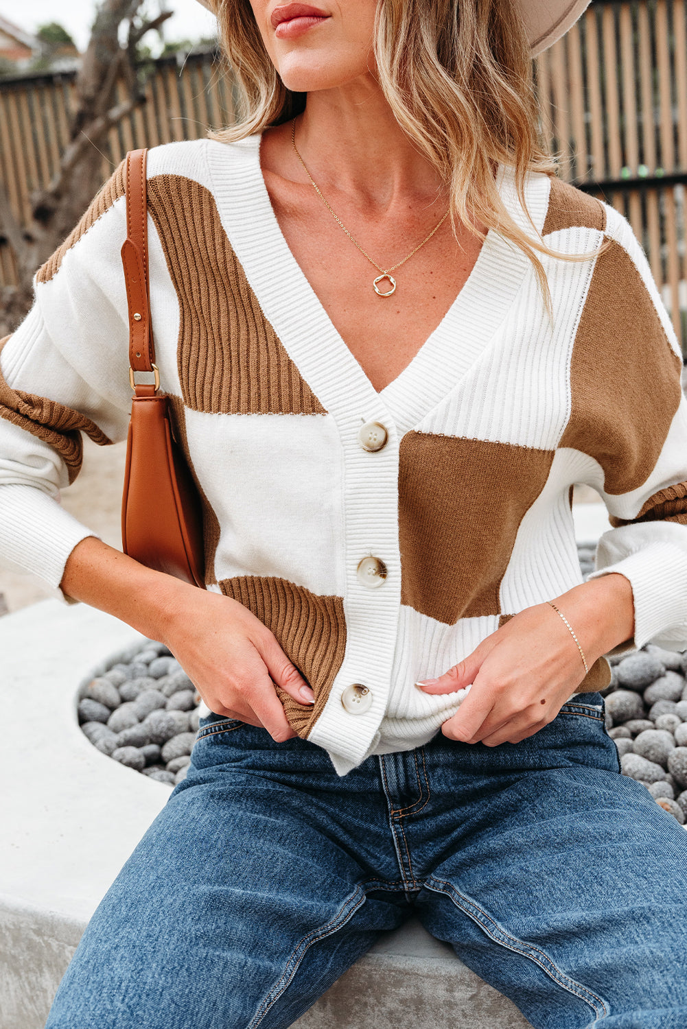 Checkered Pattern Ribbed Detail Button V Neck Sweater Cardigan