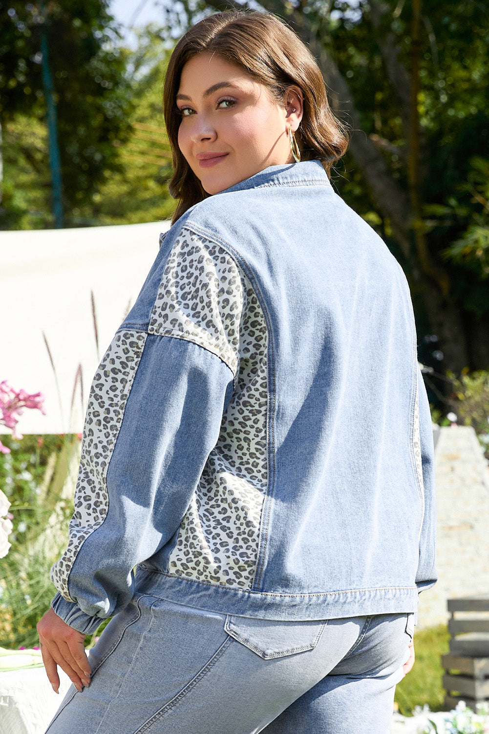 Leopard Patchwork Flap Detail Plus Size Denim Jacket