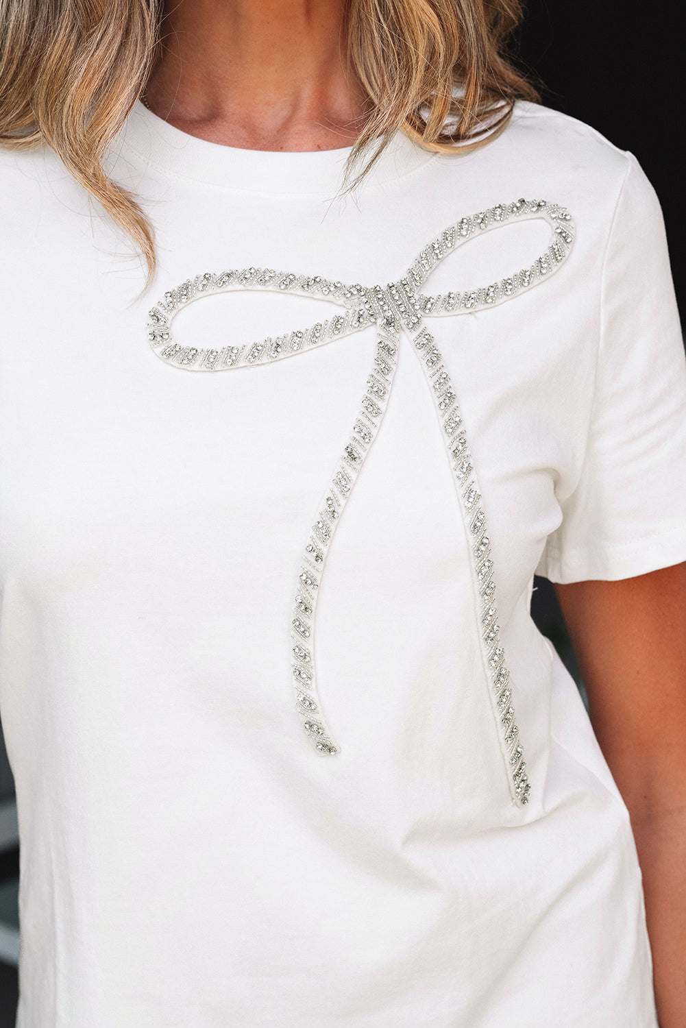 Rhinestone Bow Embellished Round Neck Tee