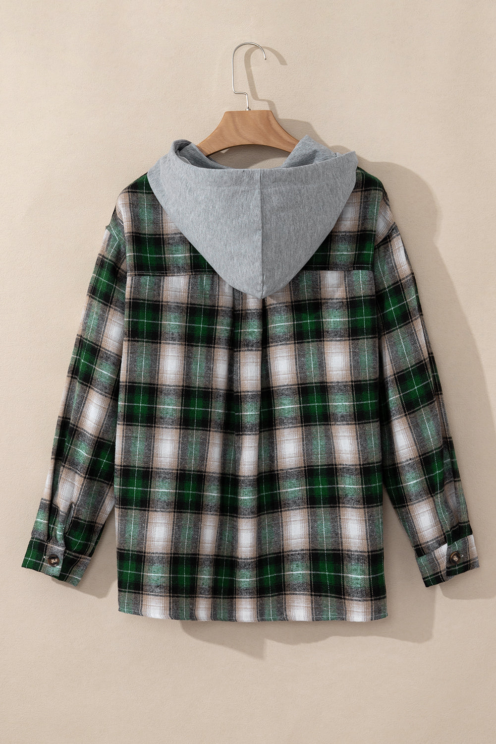 Green Plaid Print Chest Pocket Buttoned Hooded Shacket