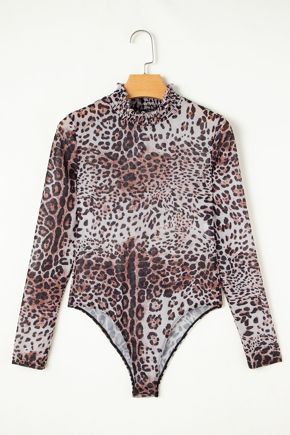 Leopard Smocked Neck Mesh Long Sleeve Bodysuit