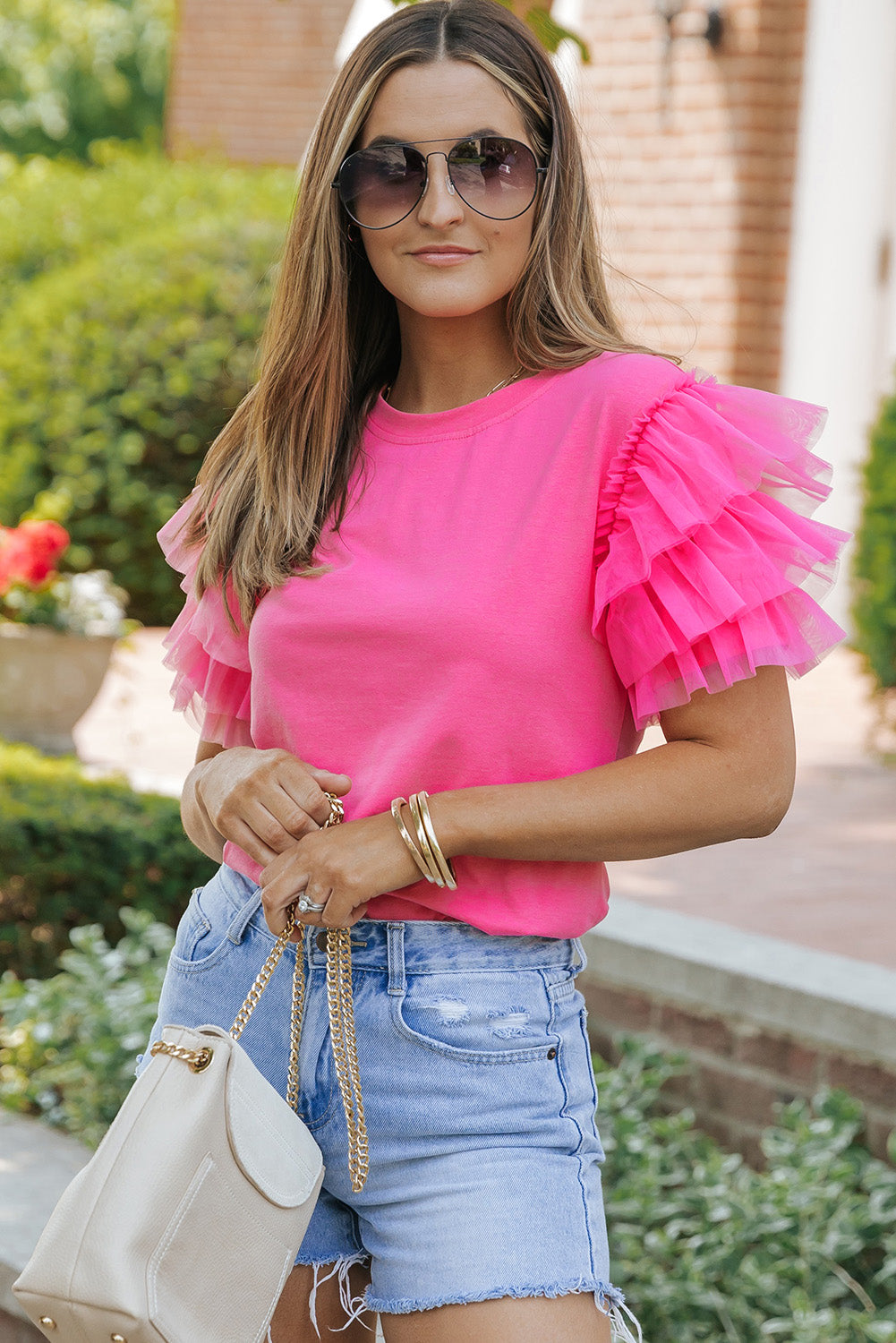 Tulle Ruffle Sleeve Blouse