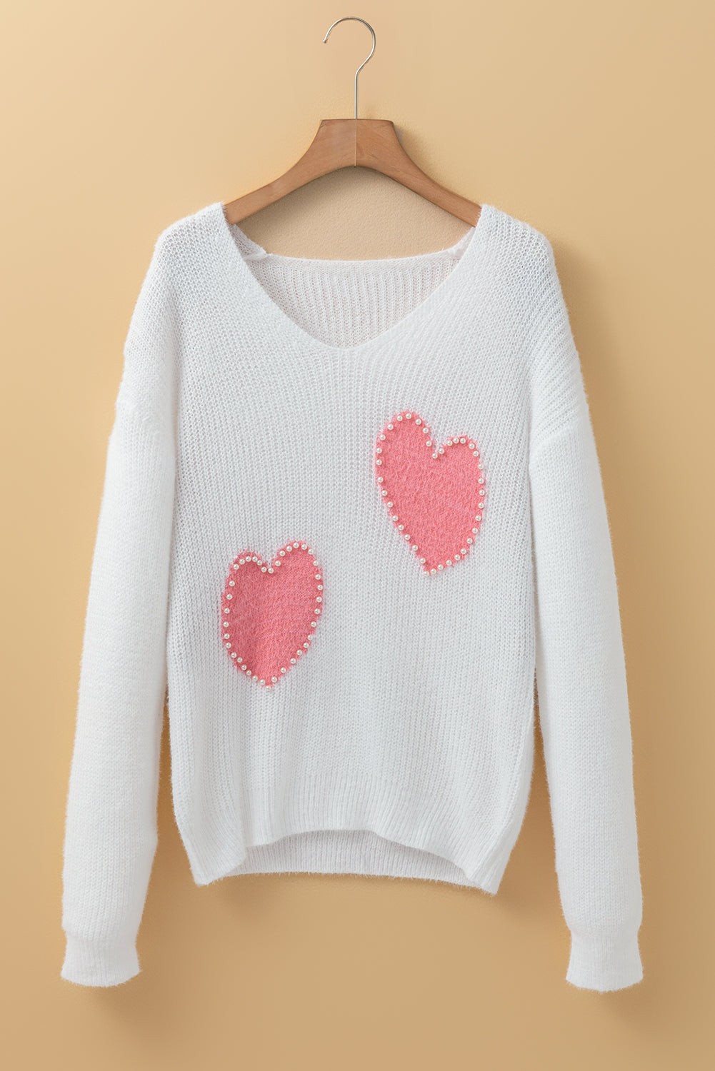 Pearl Beaded Heart Pattern Fuzzy V Neck Sweater