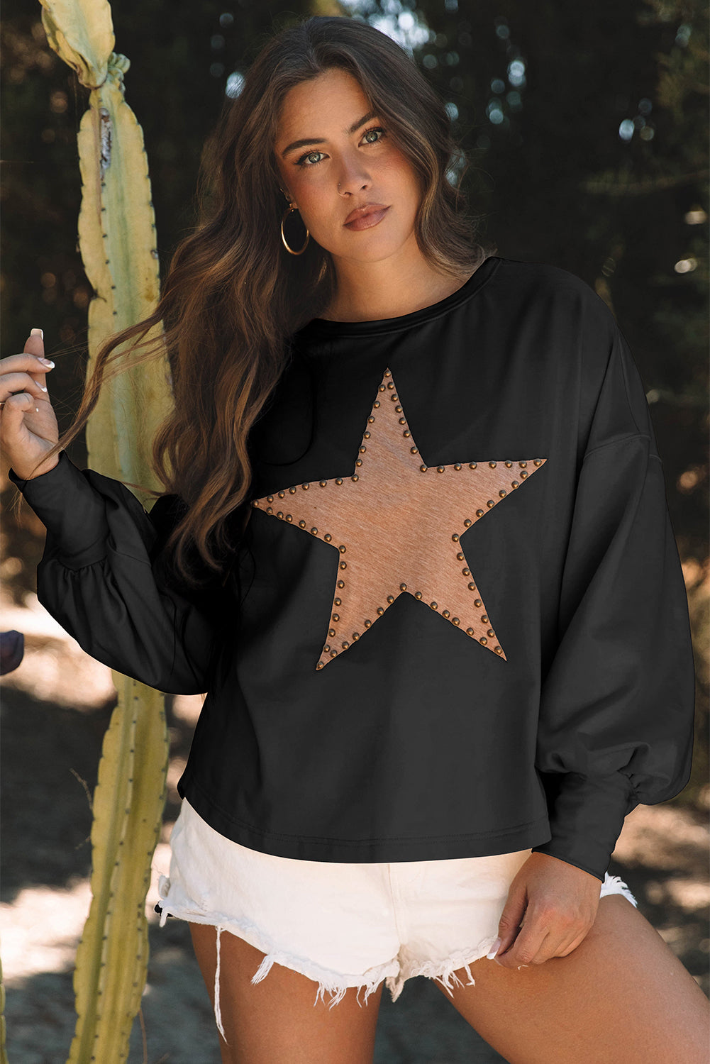 Studded Star Graphic Oversized Long Sleeve Top