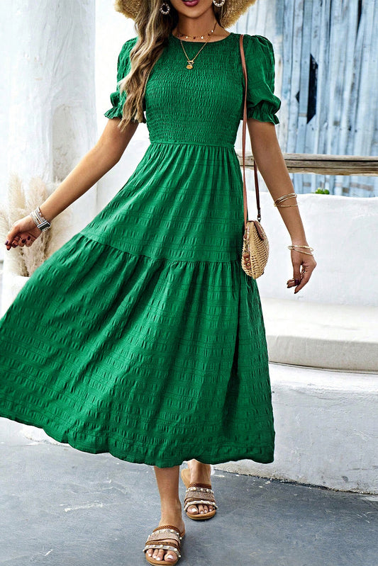 Solid Textured Smocked Puff Short Sleeve High Waist Long Dress