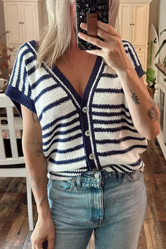 Stripe Loose Buttoned V Neck Sweater Vest