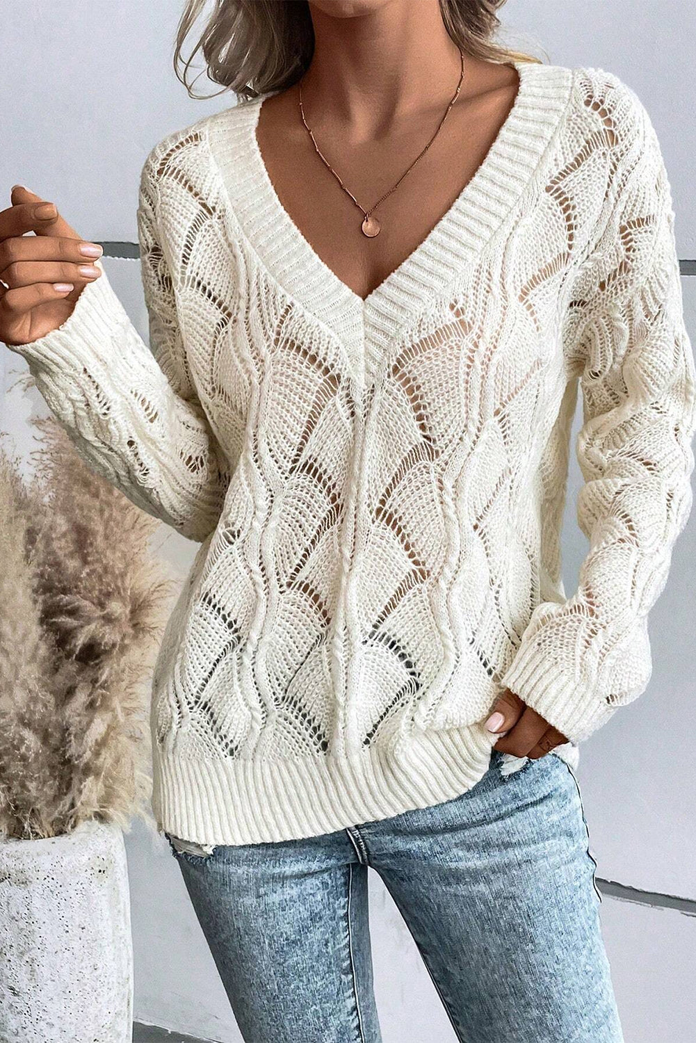 Hollow Out Knit V Neck Drop Shoulder Sweater