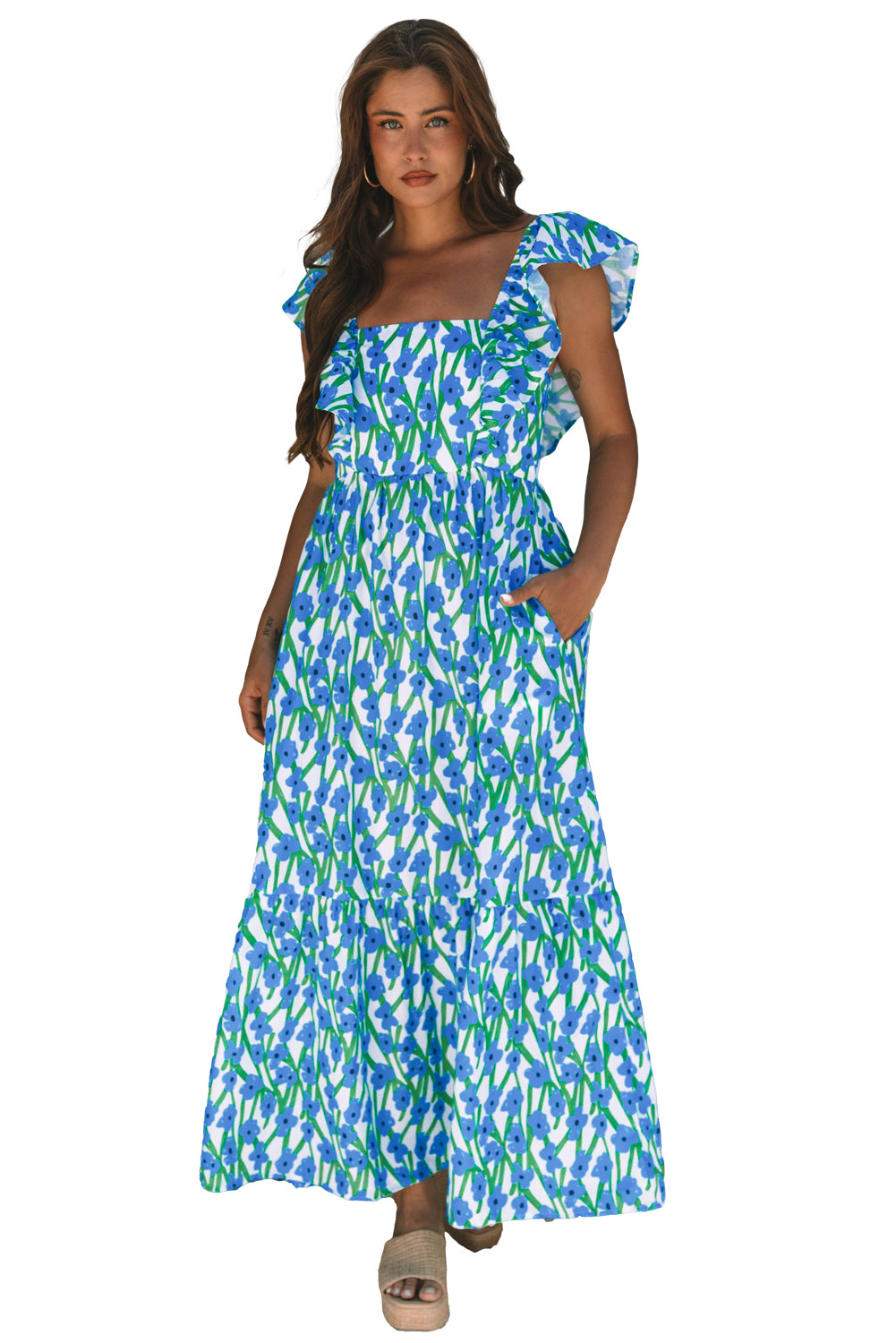 Floral Print Square Neck Ruffled Strap Maxi Dress