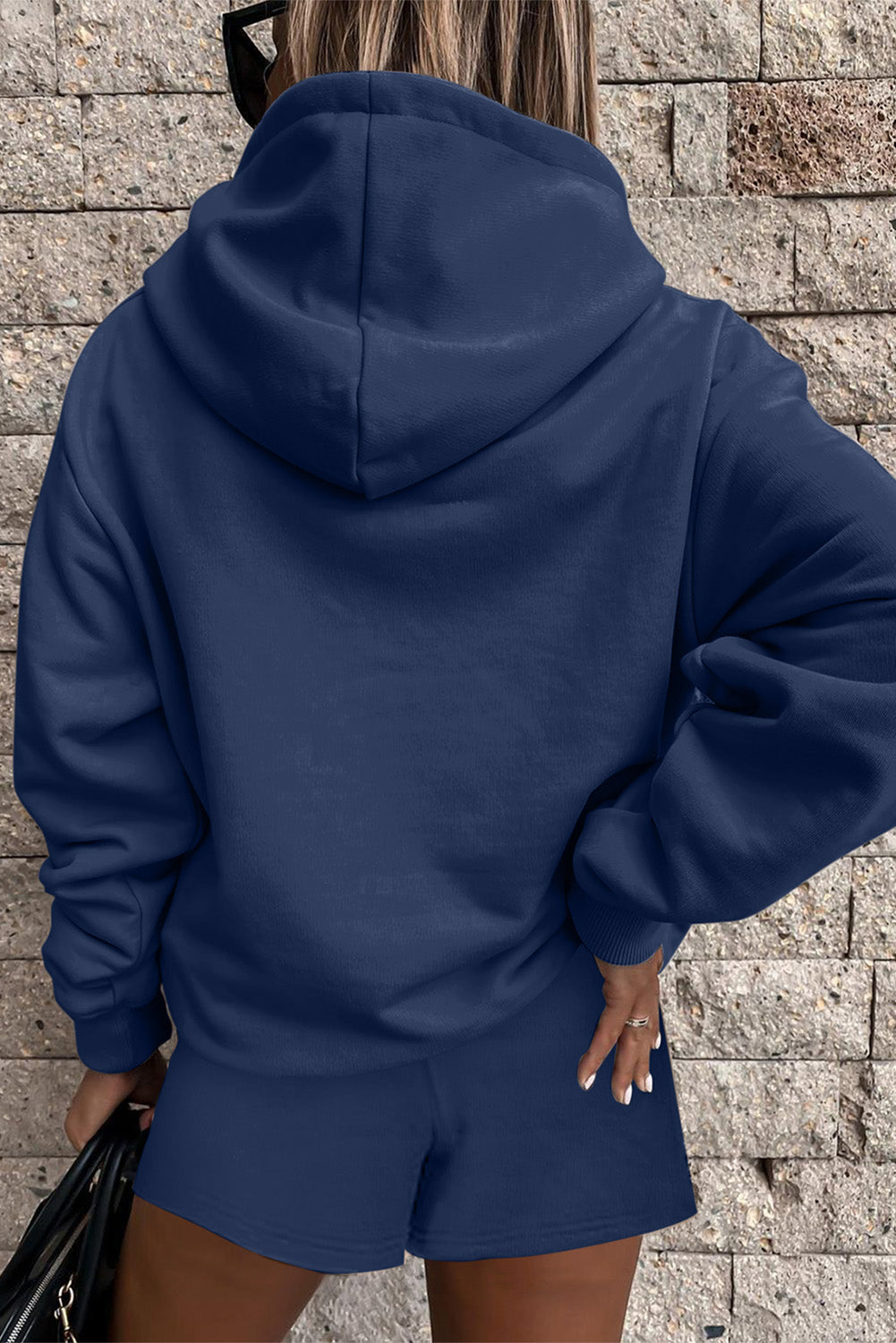 Button Drawstring Hooded Pullover and Casual Short Set