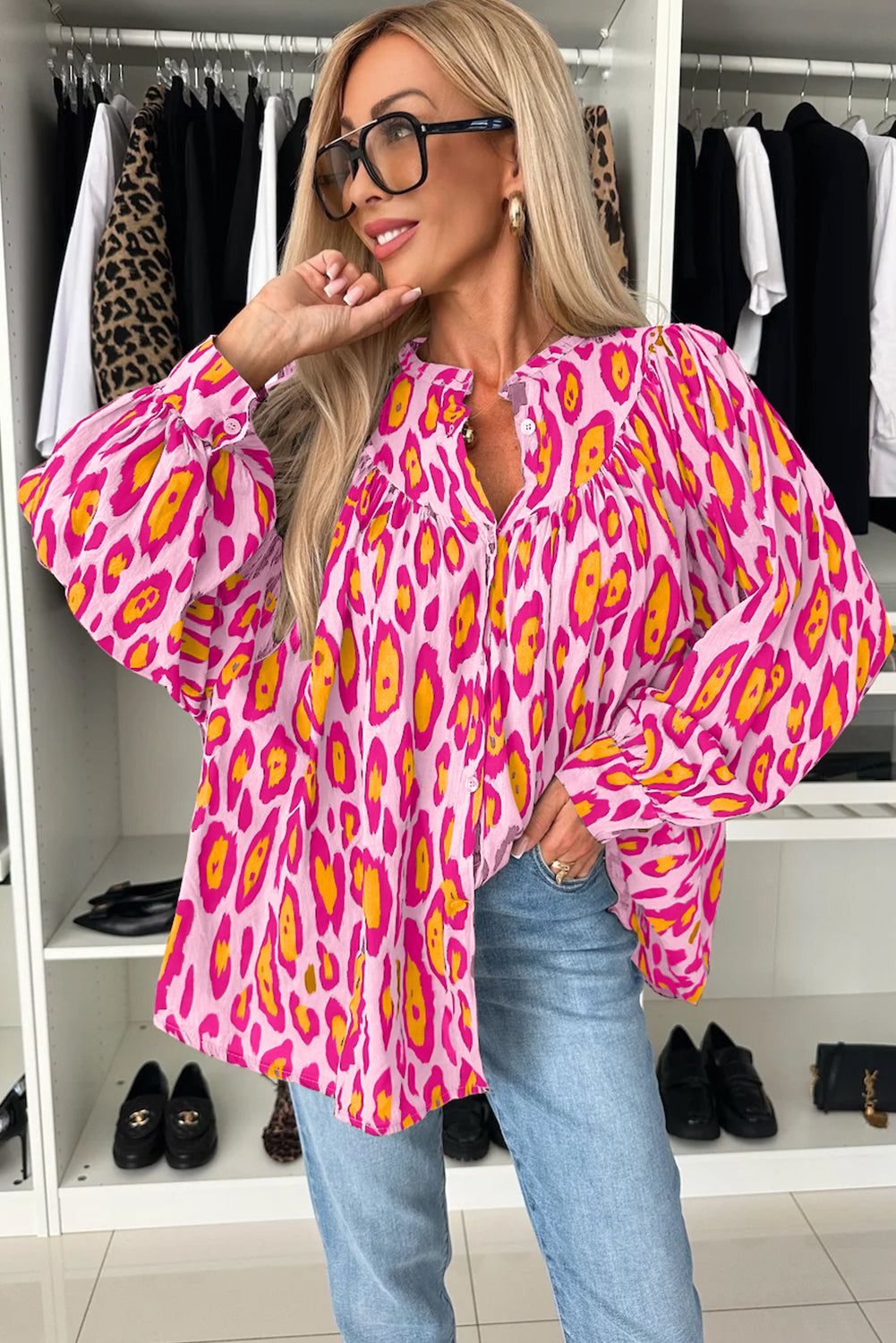 Oversized Leopard Print Balloon Sleeve Casual Shirt