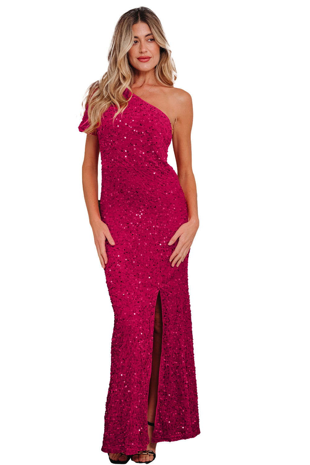 One Shoulder Thigh High Split Bodycon Sequin Gown