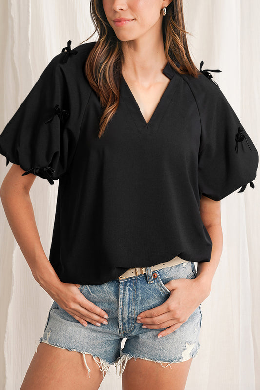 Bow Decor Puff Sleeve Split Neck Blouse