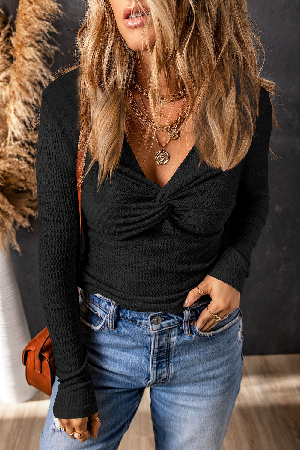 Textured Twist Front V Neck Long Sleeve Slim Solid Color Top