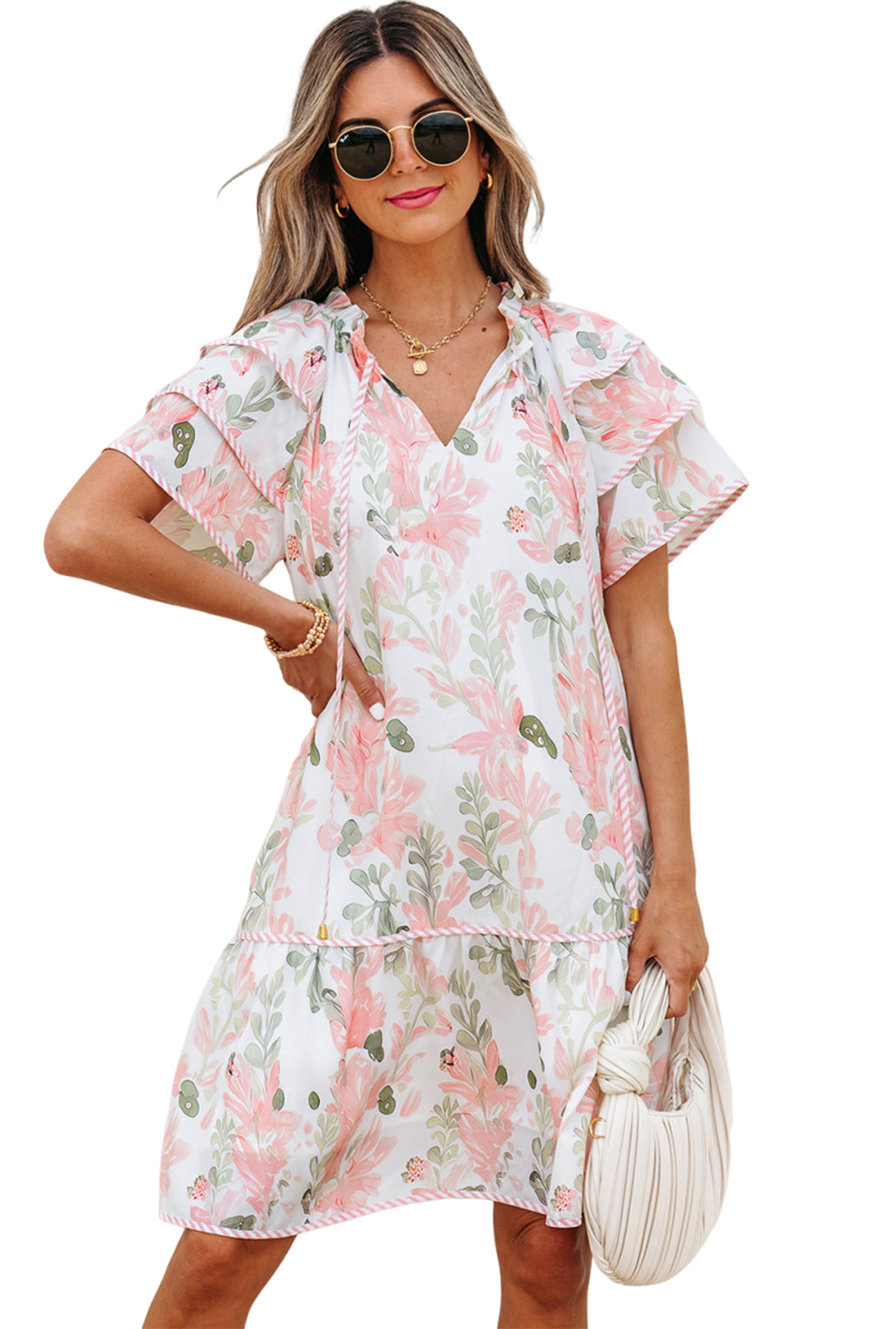 Floral Contrast Edge Layered Short Sleeve Mini Dress