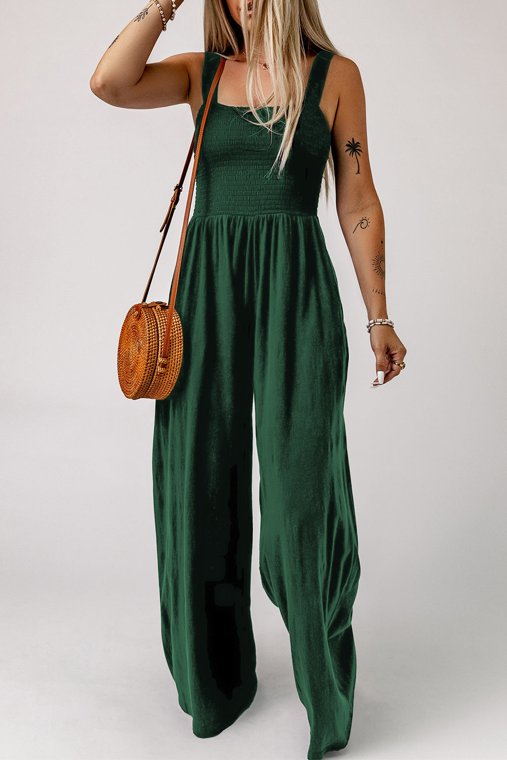 Smocked Sleeveless Wide Leg Jumpsuit with Pockets