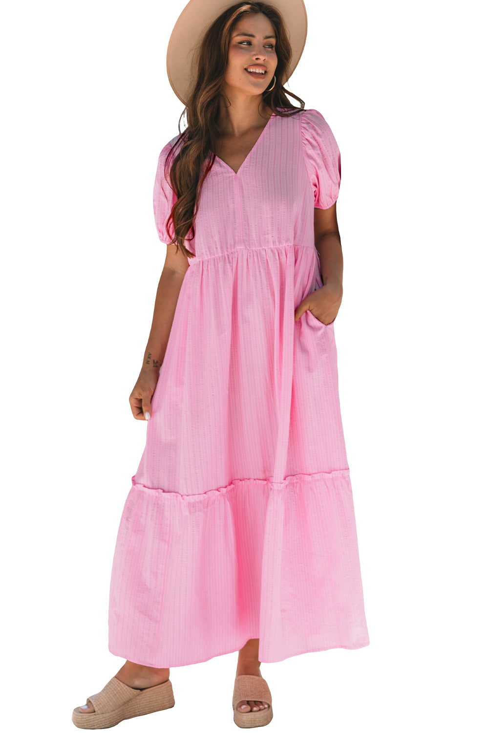 Stripe V Neck Puff Short Sleeve Maxi Dress