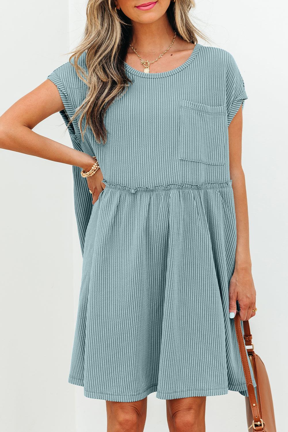 Corded Knit Textured Patched Pocket Frilled Swing Mini Dress with Pockets