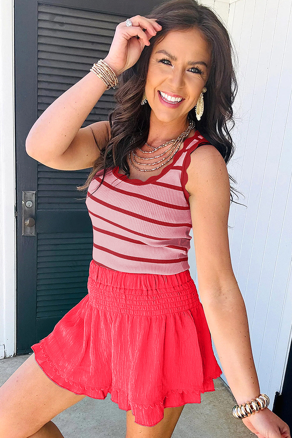 Stripe Striped Scalloped Edge U Neck Sleeveless Sweater Vest