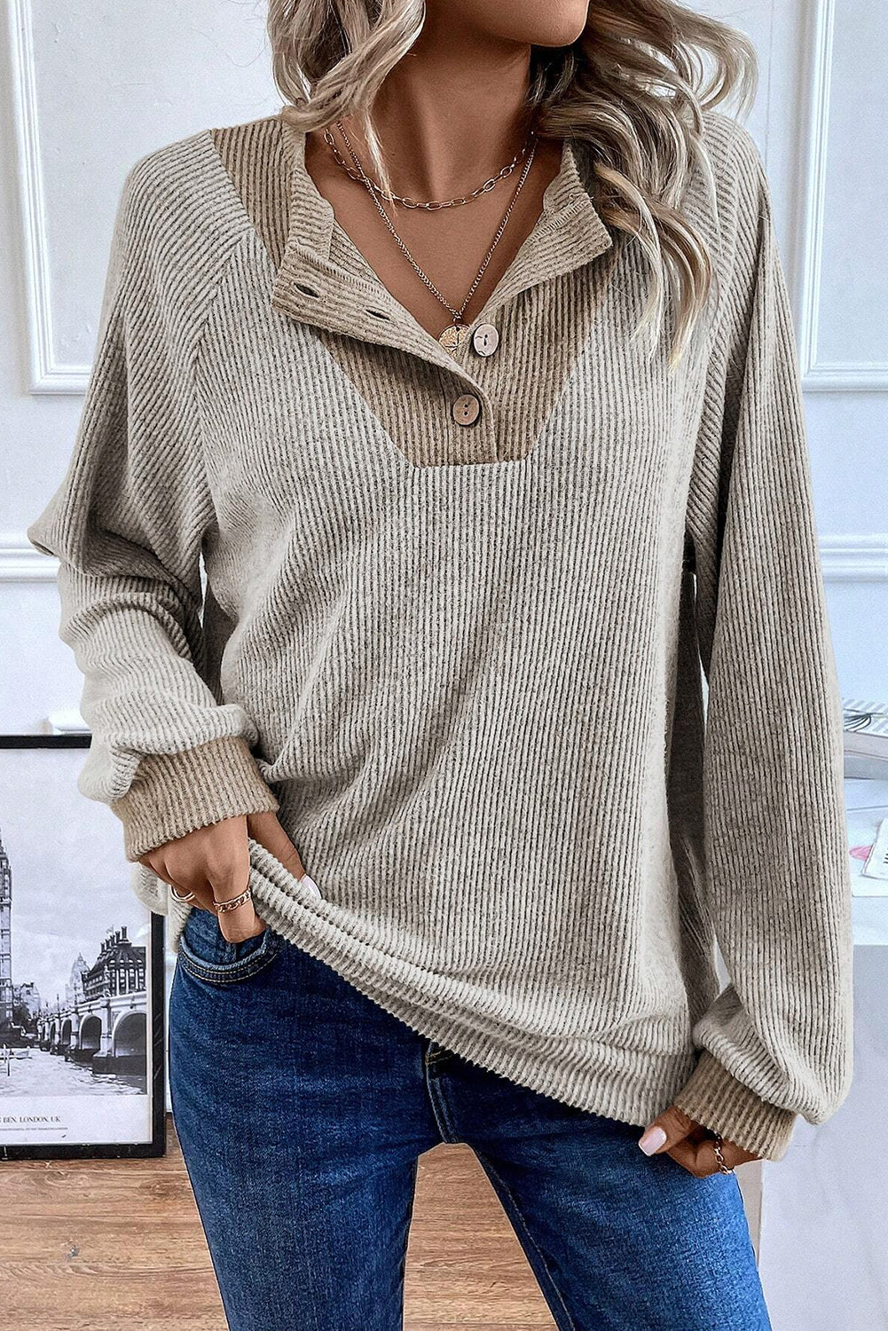 Color Contrast Ribbed Loose Fit Long Sleeve Top