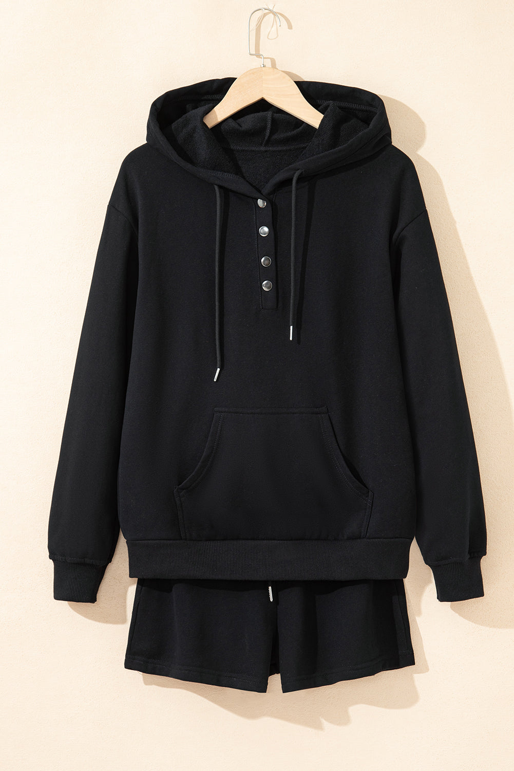 Button Drawstring Hooded Pullover and Casual Short Set