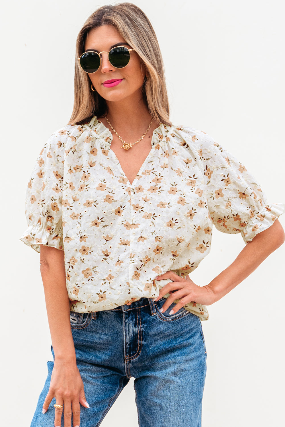 Floral Eyelet Embroidered Puff Sleeve Notch V Neck Blouse