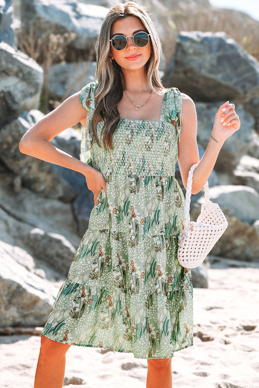 Floral Knotted Strap Smocked Tiered Ruffle Mini Dress