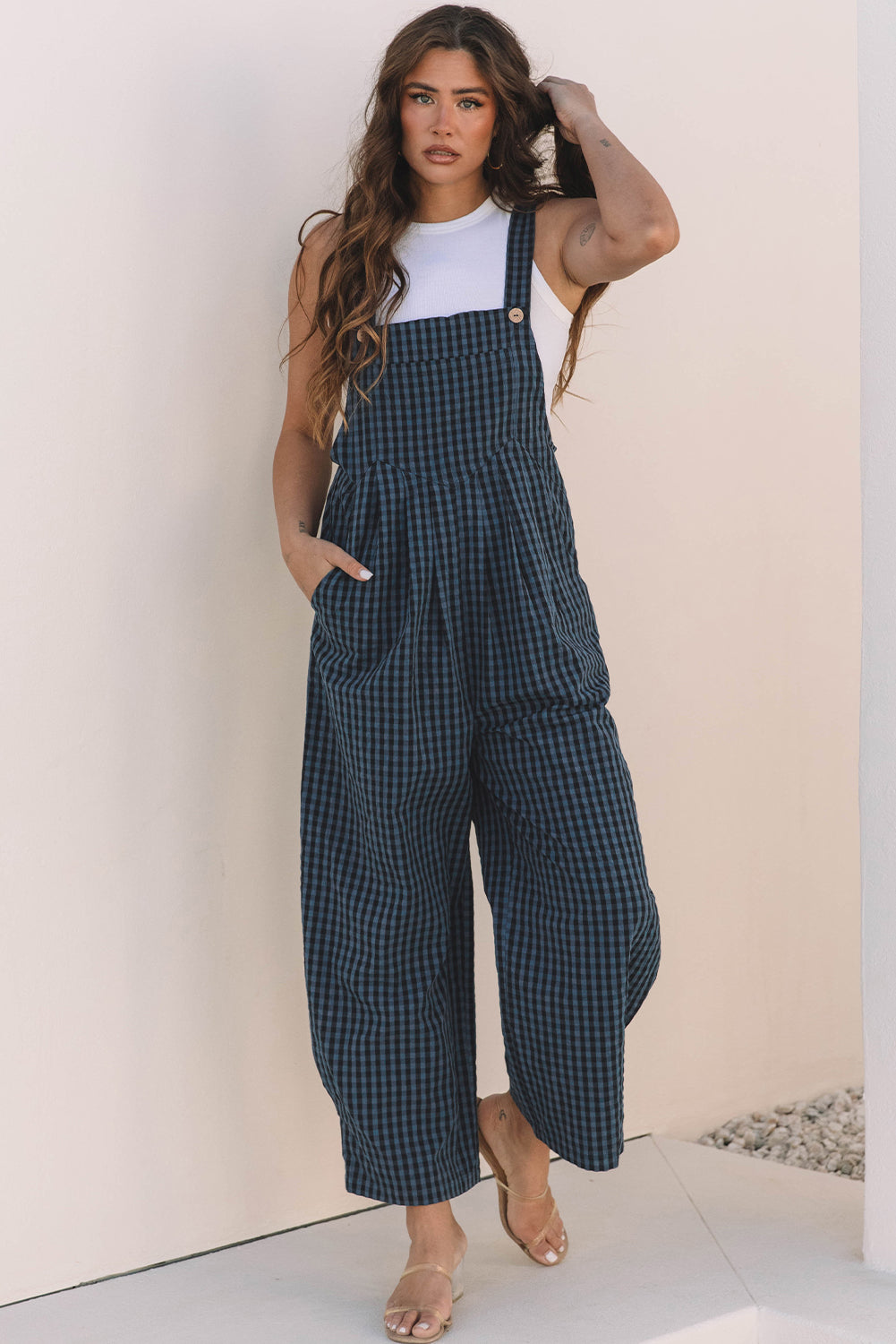 Plaid Print Buttoned Pocketed High Waist Overall