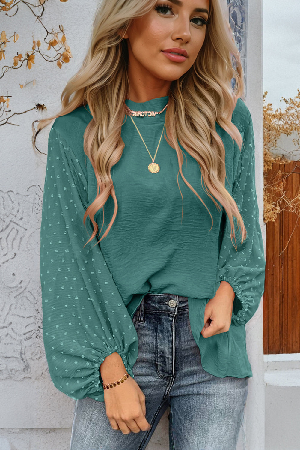 Swiss Dot Balloon Sleeve Loose Blouse