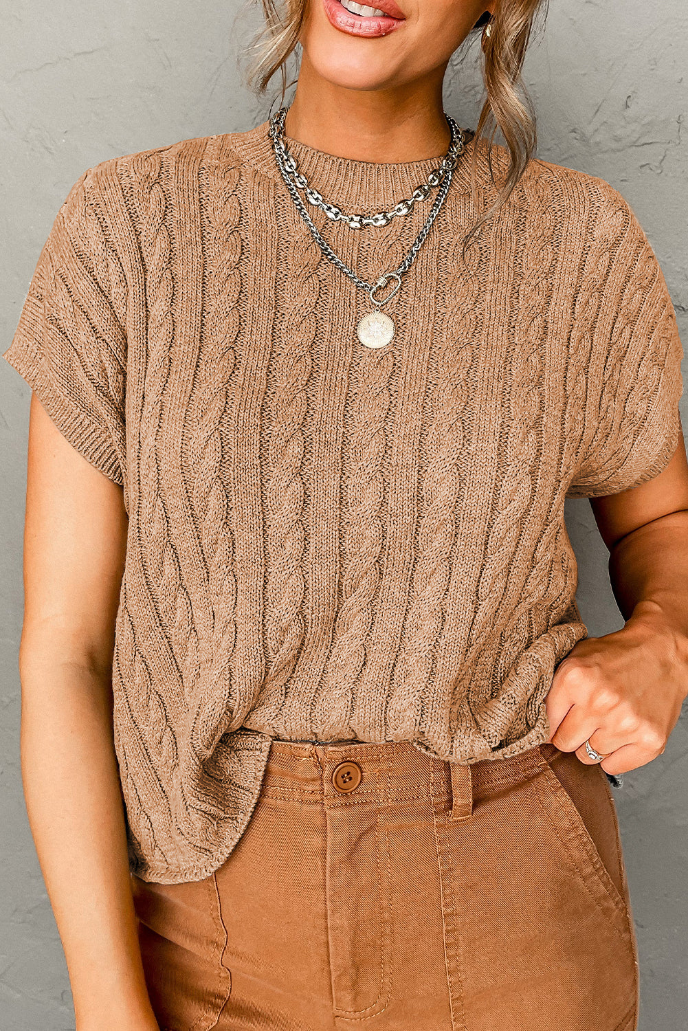 Crew Neck Cable Knit Short Sleeve Sweater