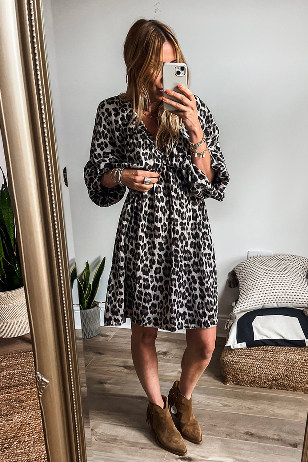 Leopard Print Elasticated V Neck 3/4 Puff Sleeve Dress