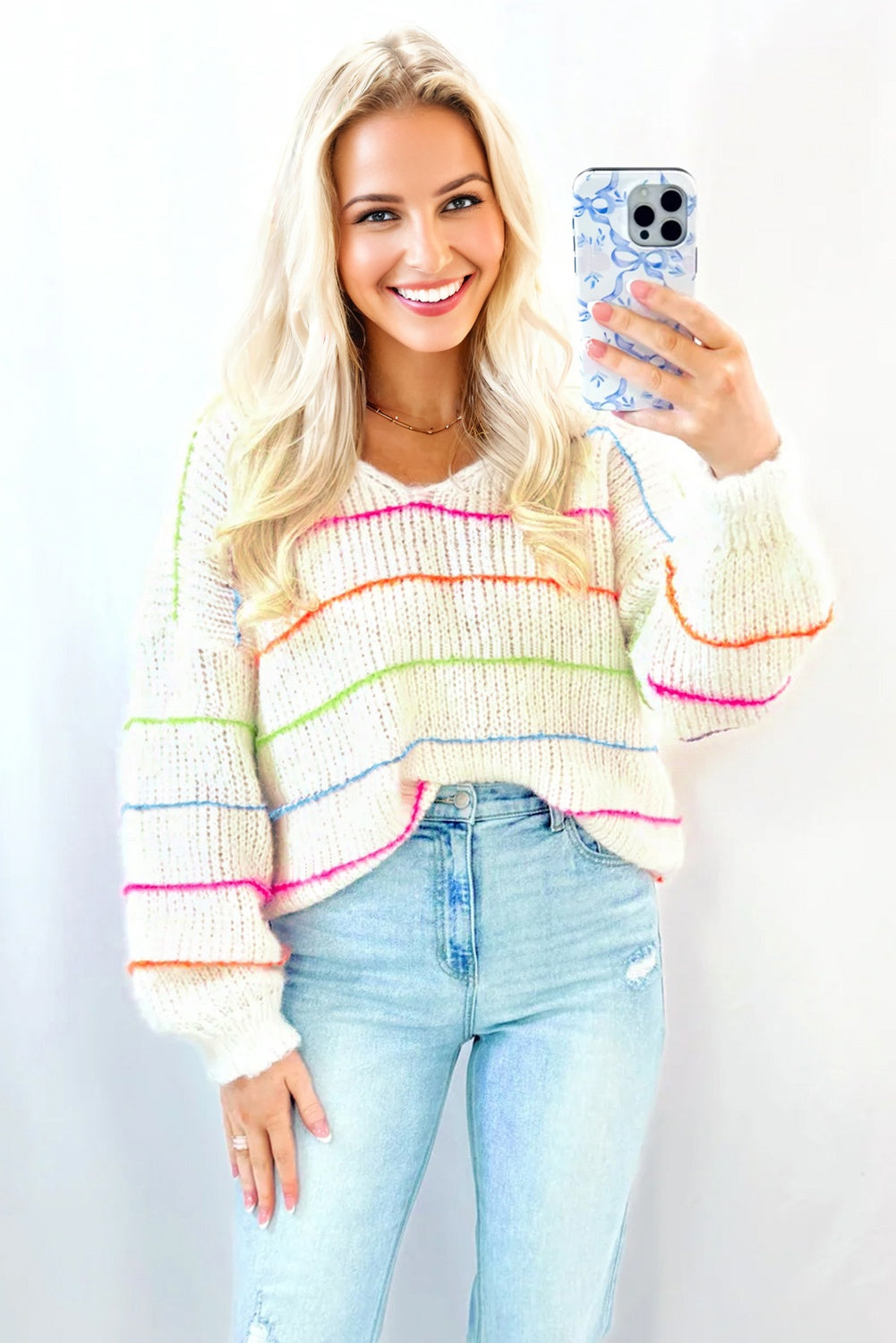Colorful Striped Detail V Neck Drop Shoulder Baggy Sweater