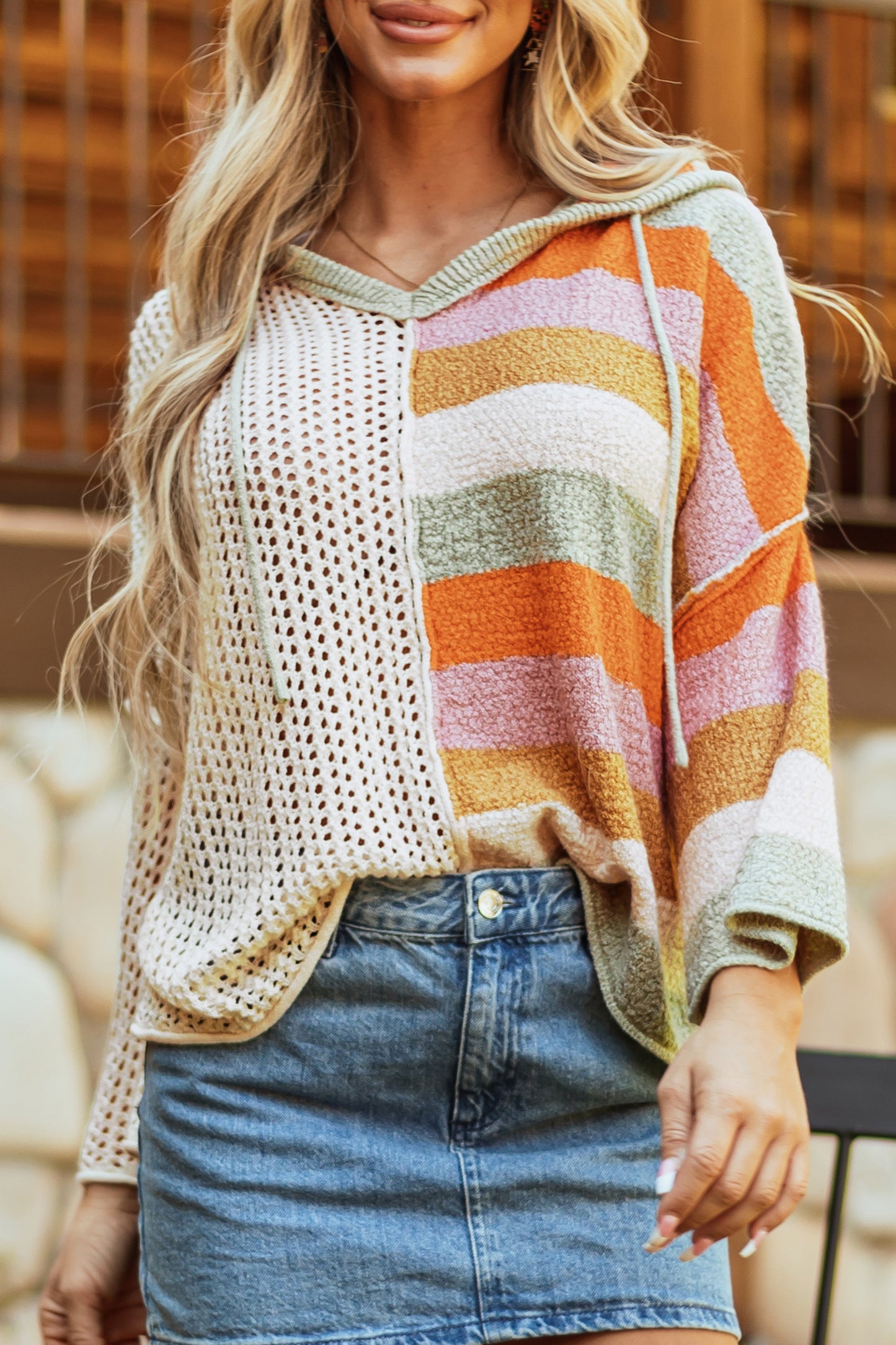 Oversized Colorblock V Neck Hooded Sweater
