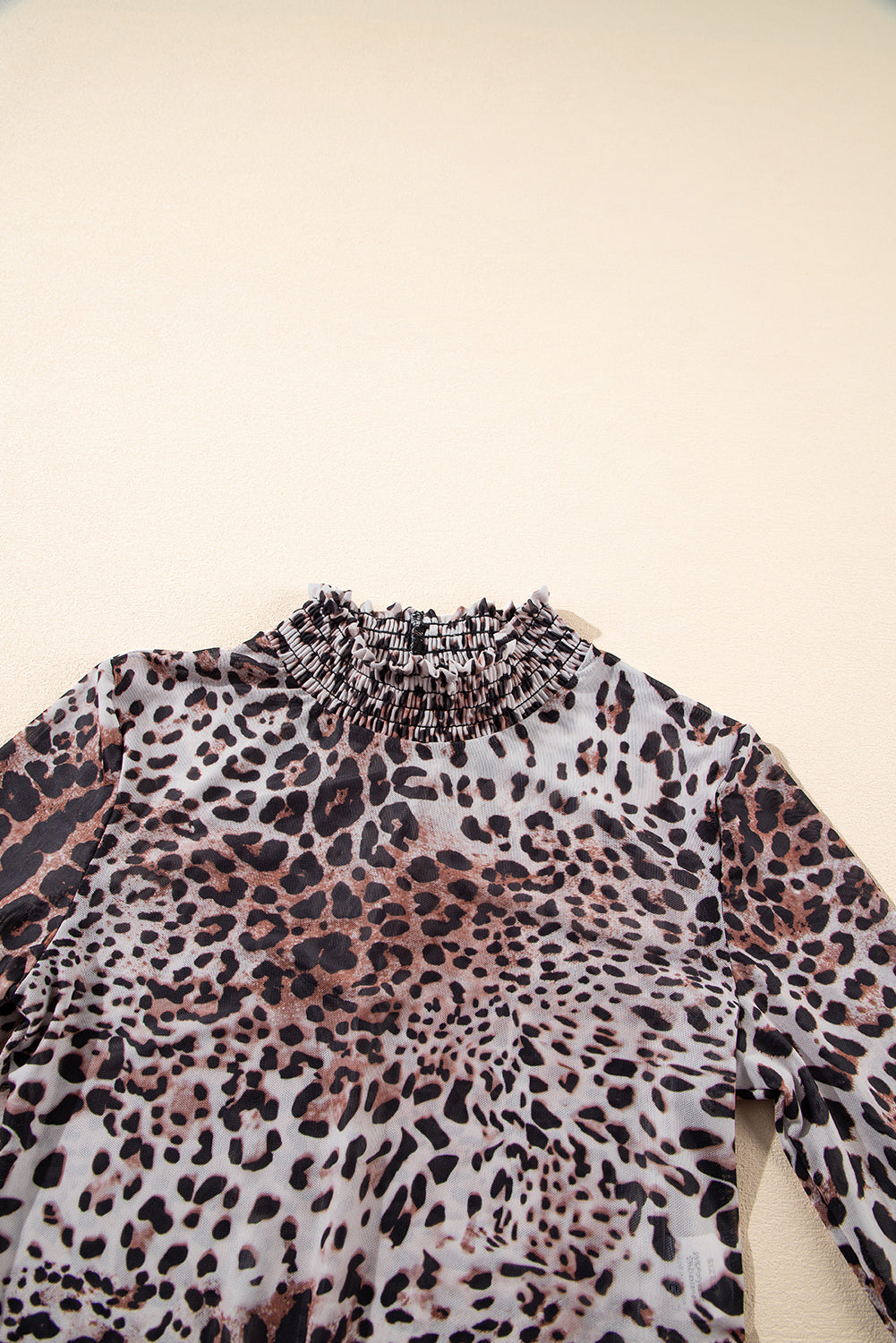 Leopard Smocked Neck Mesh Long Sleeve Bodysuit