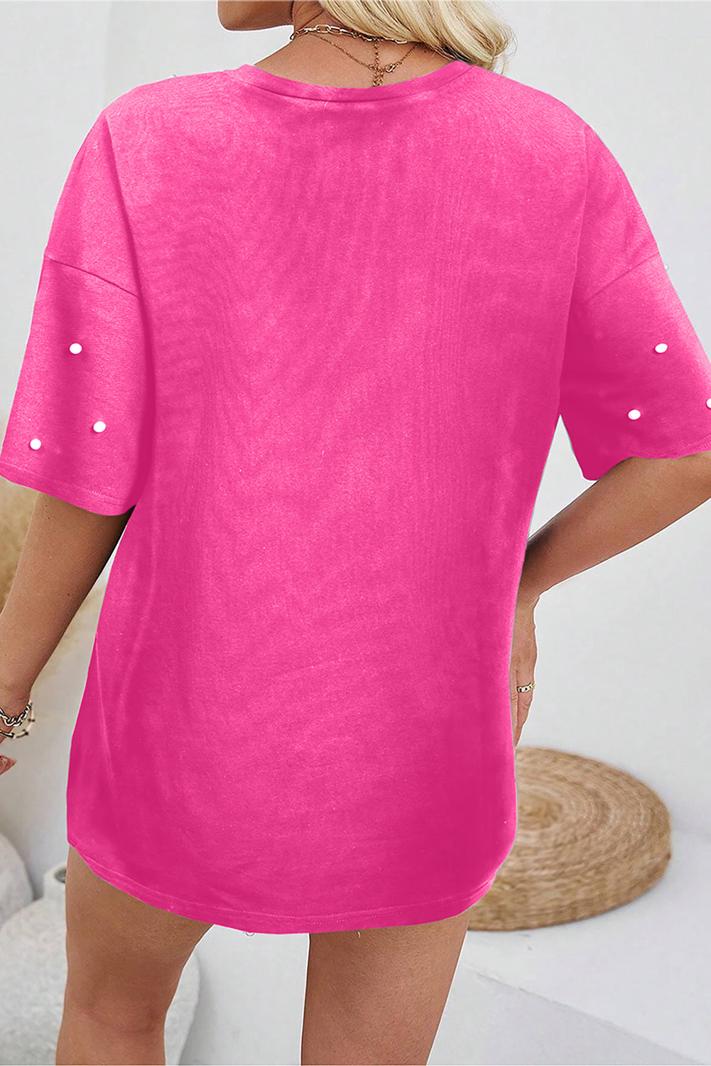 Pearl Beaded Drop Shoulder Crewneck T Shirt
