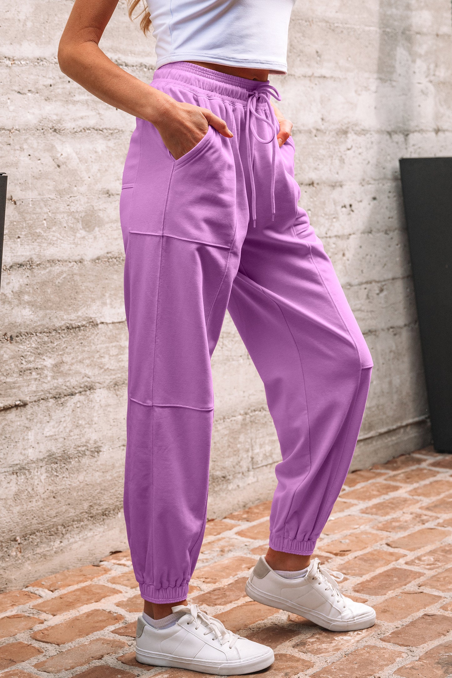 Drawstring Waist Patchwork Solid Color Jogger Pants