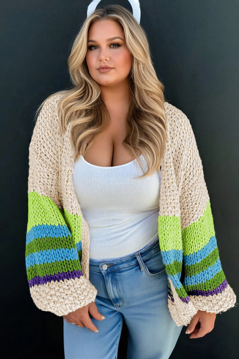 Color Block Crochet Open Front Plus Size Cardigan