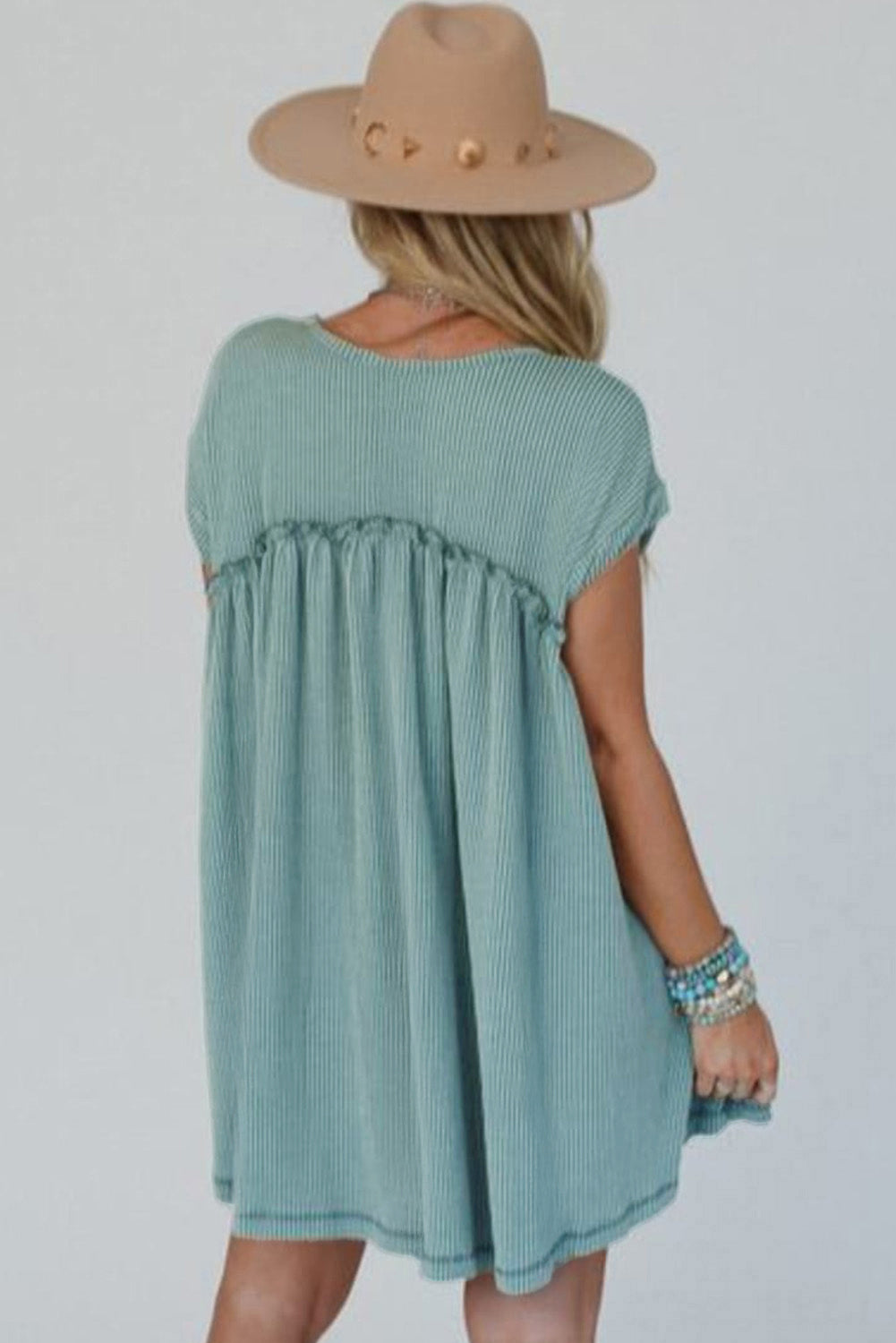 Corded Knit Textured Patched Pocket Frilled Swing Mini Dress with Pockets