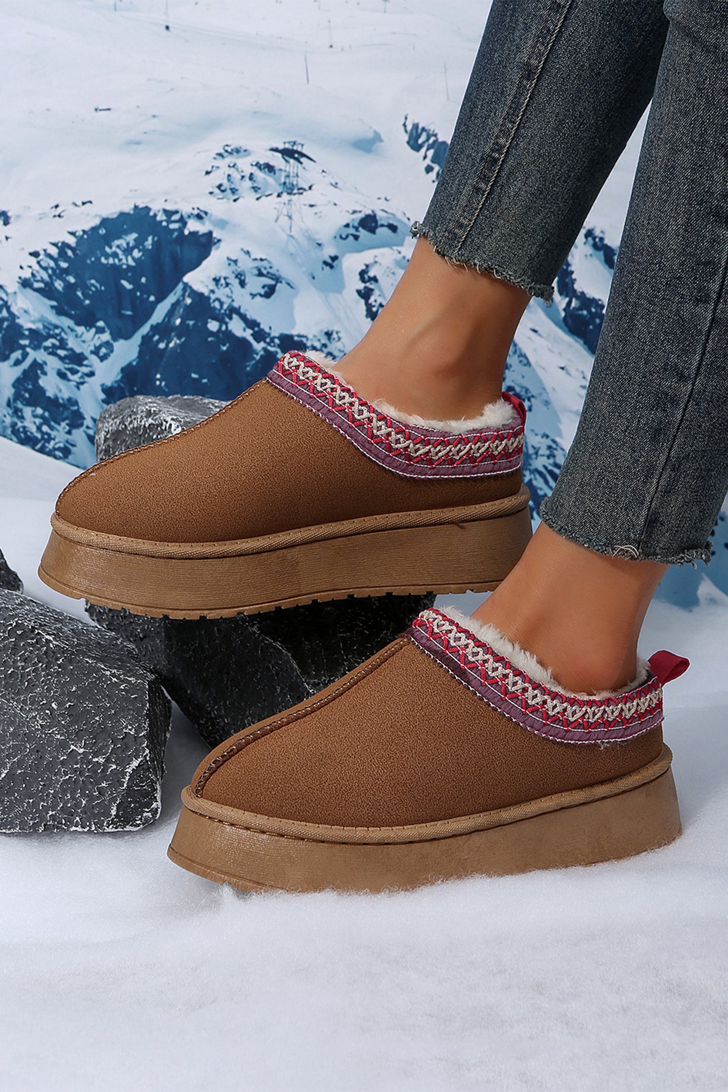 Contrast Print Suede Plush Lined Snow Boots